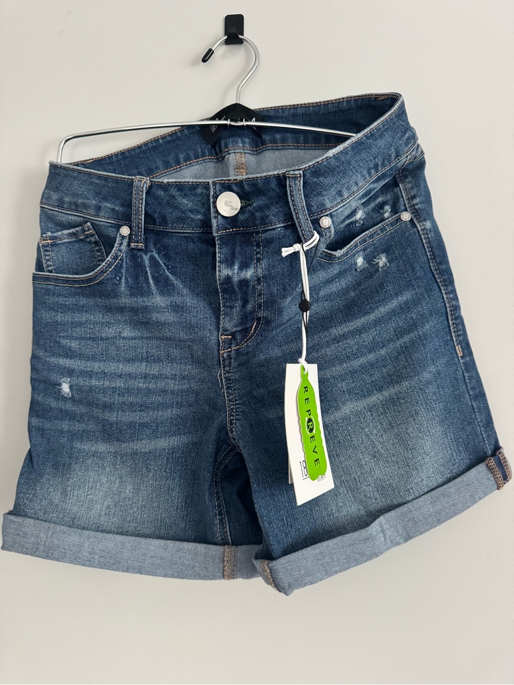 1822 Denim Distressed Dark Blue Roll Cuff Jean Shorts